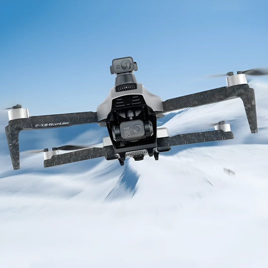 White foldable brushless quadcopter drone with 4K camera shown with remote control and carry case.