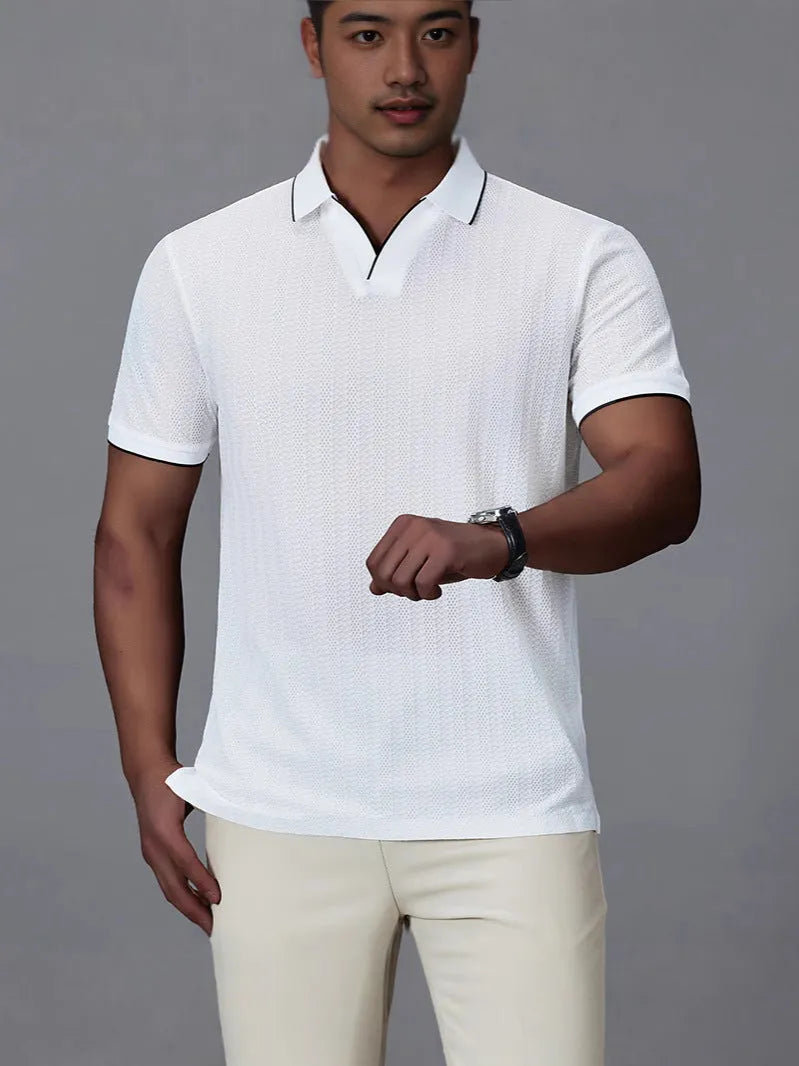 Men's loose fit short-sleeved polo shirt in ice silk nylon available in white, black, and orange colours