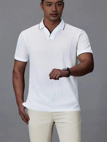 Men's loose fit short-sleeved polo shirt in ice silk nylon available in white, black, and orange colours