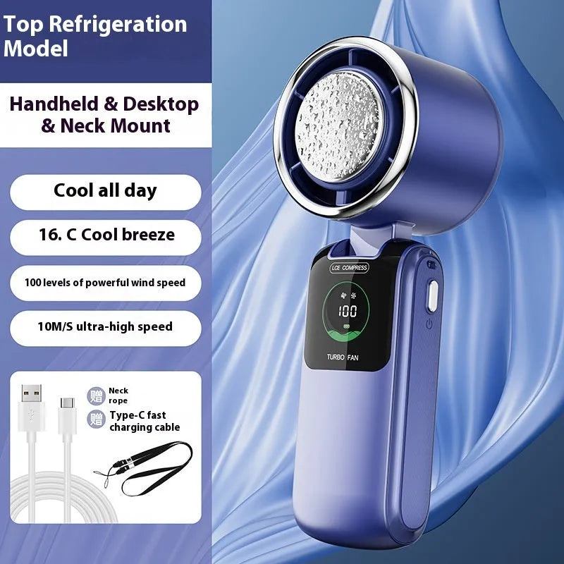 Blue USB rechargeable handheld folding fan with a neck strap and speed control buttons