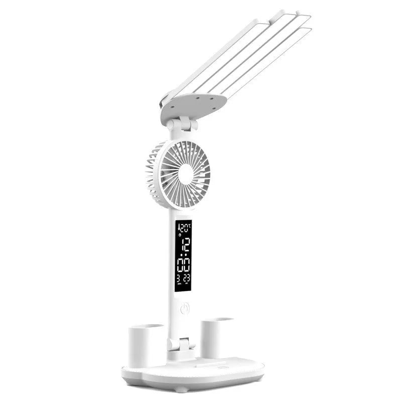 3-in-1 Multifunction LED Desk Lamp with fan, calendar clock, and adjustable lighting