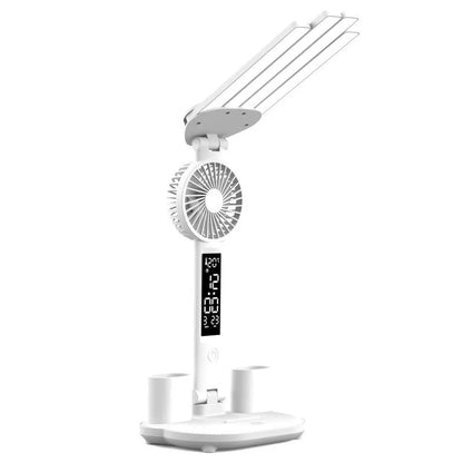 3-in-1 Multifunction LED Desk Lamp with fan, calendar clock, and adjustable lighting