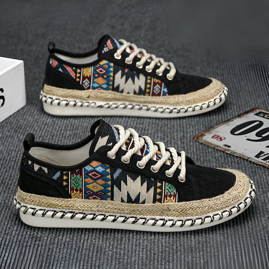 Men's black and beige cloth casual summer shoes with round toe design