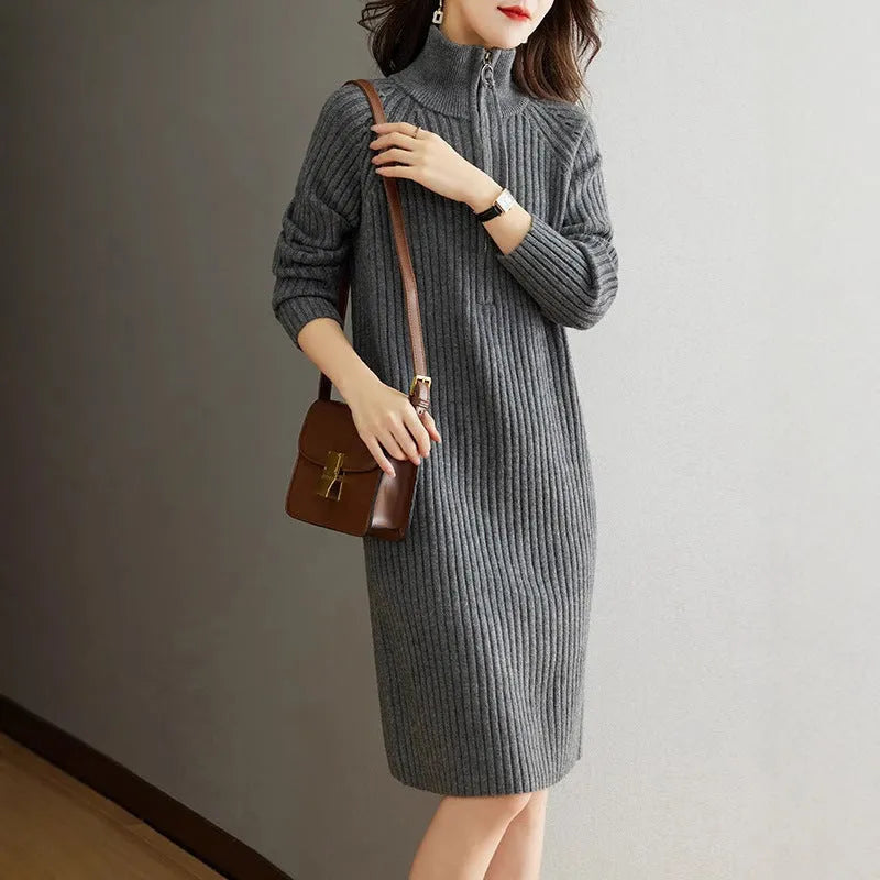 Women's beige casual long sleeve dress with half zip front and stand collar, loose straight fit.