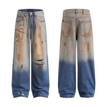 Men's vintage ripped jeans in washed blue cotton, loose straight-leg, mid waist, zipper fly, sizes S-XL.