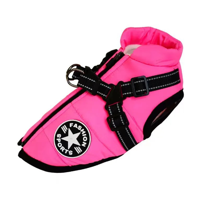 Waterproof dog coat with integrated harness in red colour, sized for medium dog breeds