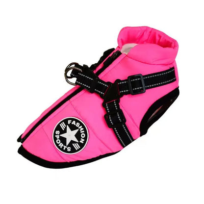 Waterproof dog coat with integrated harness in red colour, sized for medium dog breeds