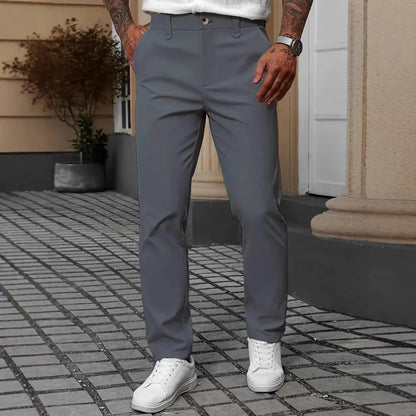 Men's straight leg business trousers in four colours: black, apricot, grey, and white.