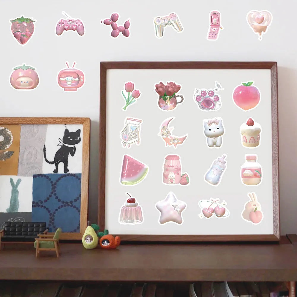 Pink 3D decorative stickers with girl heart designs, 63 pieces per pack showing dimensional printing texture