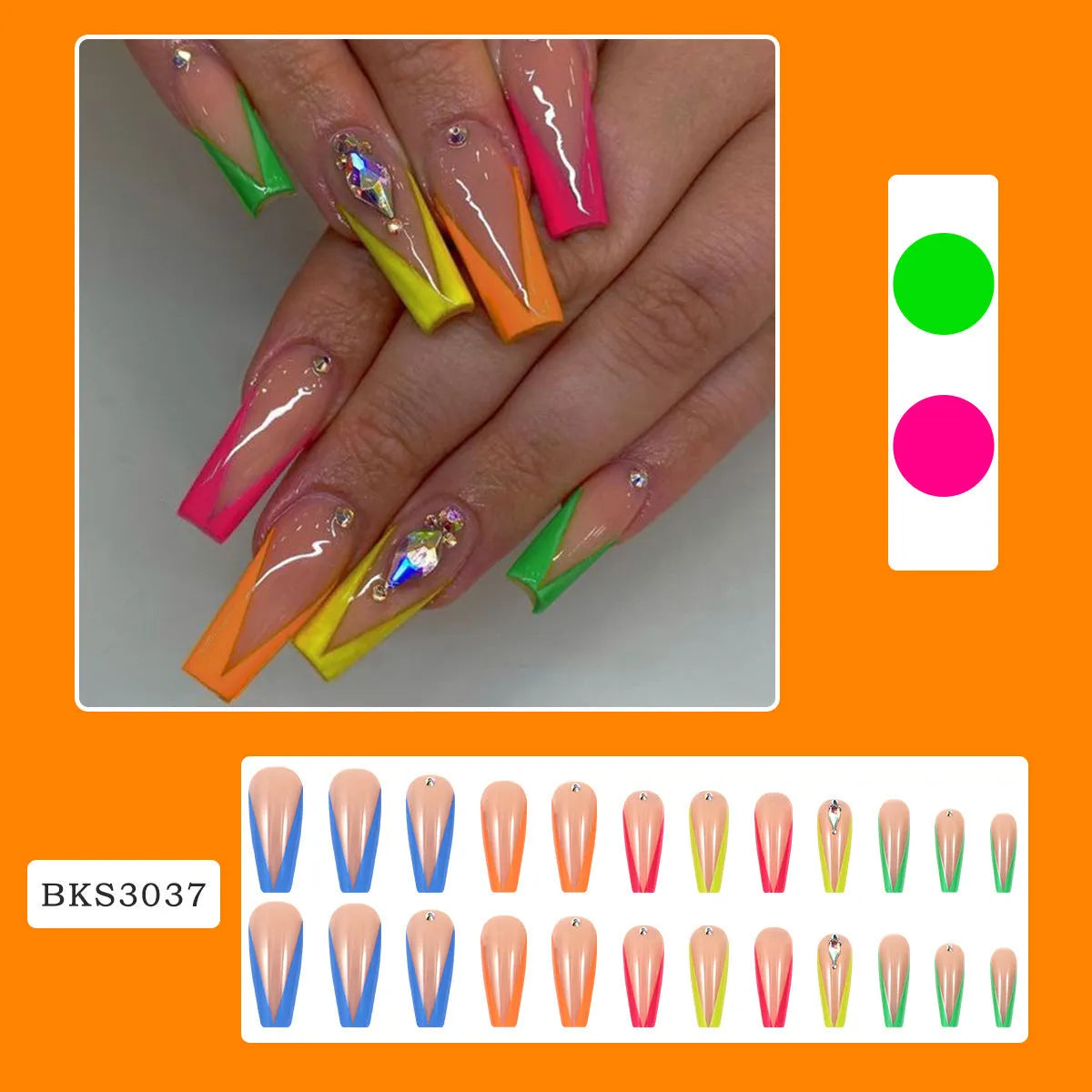 BKS3037 colour detachable nail tips with diamond French design and cartoon heart patterns.