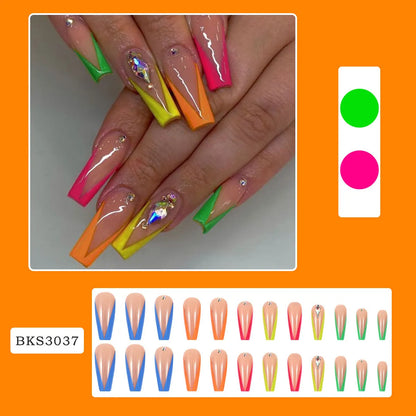 BKS3037 colour detachable nail tips with diamond French design and cartoon heart patterns.