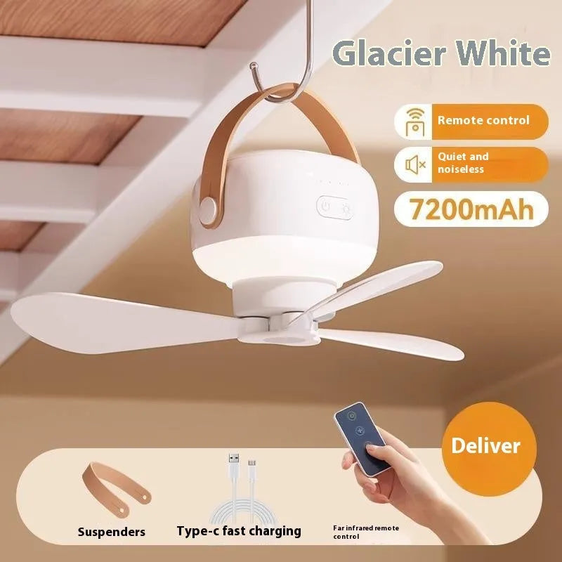 Portable rechargeable ceiling fan with remote control and strap for camping tents