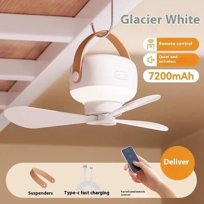 Portable rechargeable ceiling fan with remote control and strap for camping tents