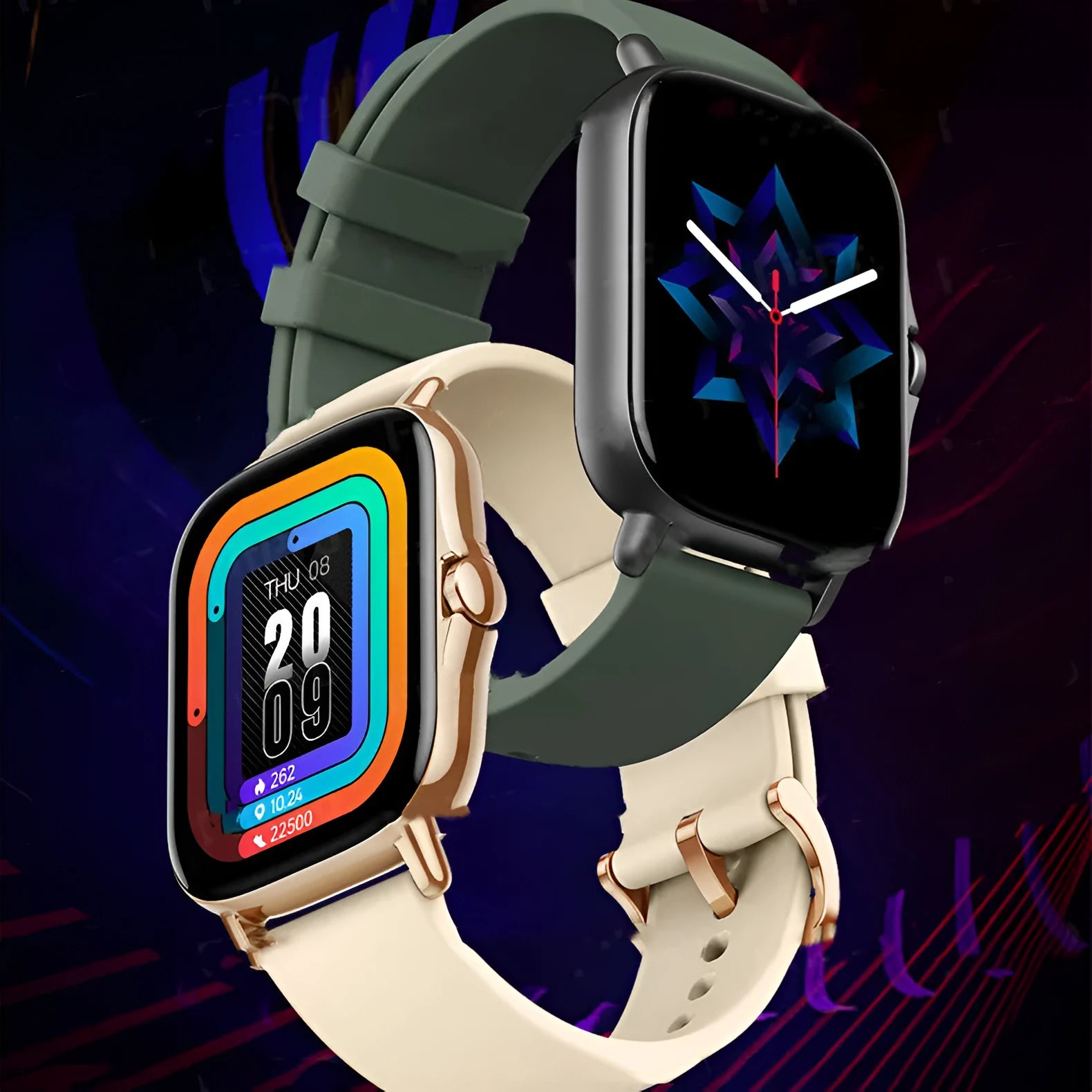 GT20 smartwatch with alloy case and silicone strap showing health metrics on touch screen.