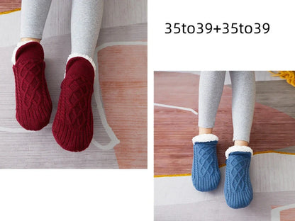 Winter woolen socks with V-opening design and anti-slip dots on soles in navy blue colour