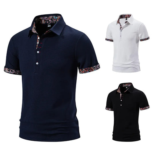 Men's polo shirt in cotton blend fabric with colour stitching at neck, available in white, black, or navy blue with European sizing