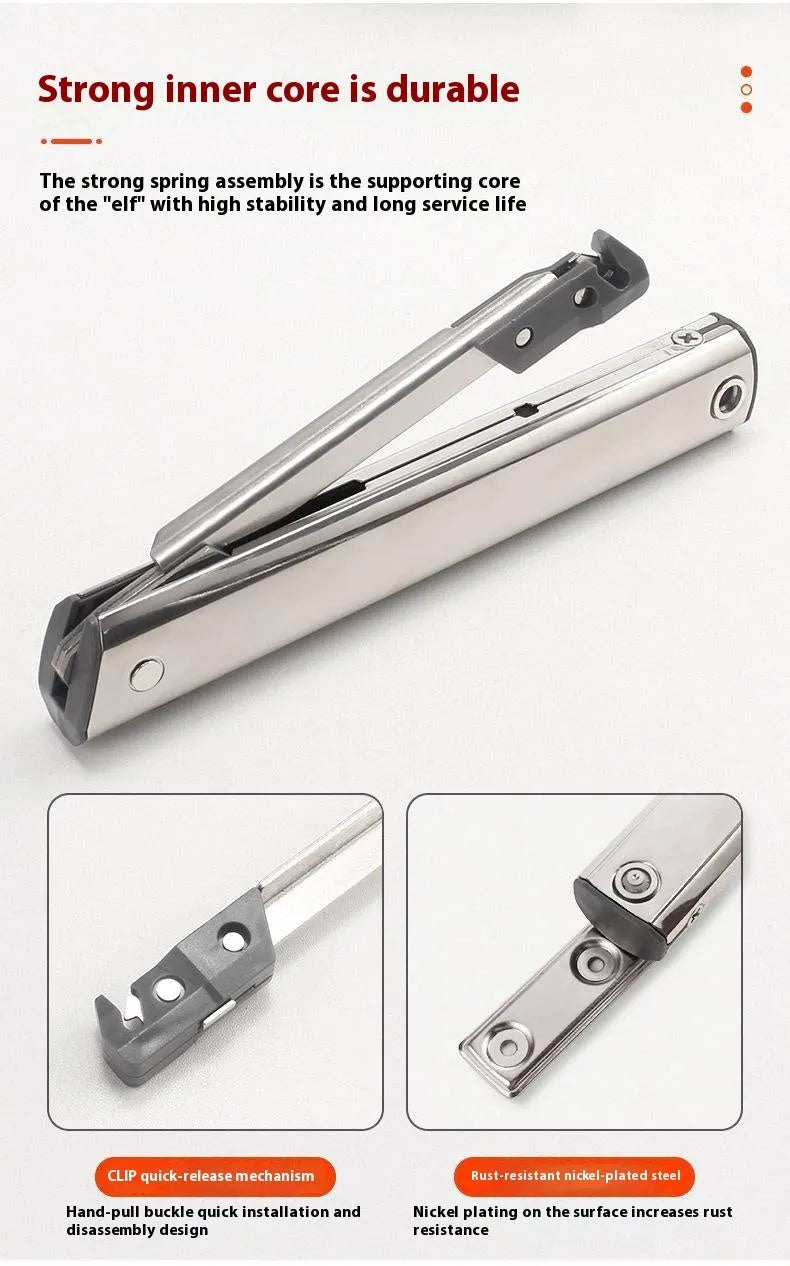 Cold rolled steel tatami cabinet support rod with adjustable stop for flap-up doors, stainless steel finish