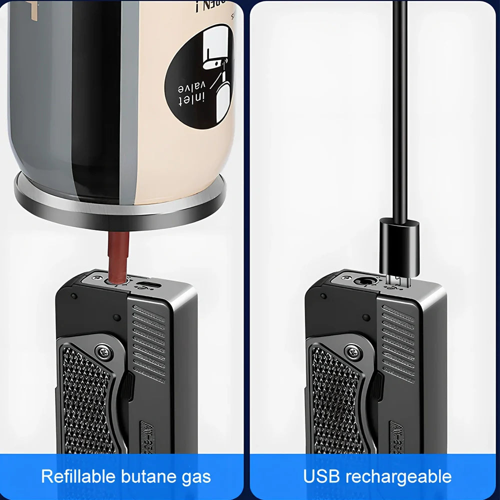 Foldable wind proof lighter showing extended and folded positions with USB charging cable