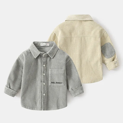 Boys' cotton long sleeved shirt in beige and grey, sizes 90cm to 130cm, casual top with round neck