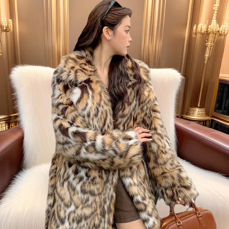 Faux fur coat with 80cm length, fur collar, and street fashion pockets in artificial fur fabric
