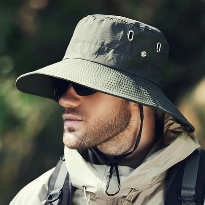 Men's wide brim polyester sunshade hat with dome crown, 58-60cm adult free size, in black, khaki, dark grey, army green or navy blue.