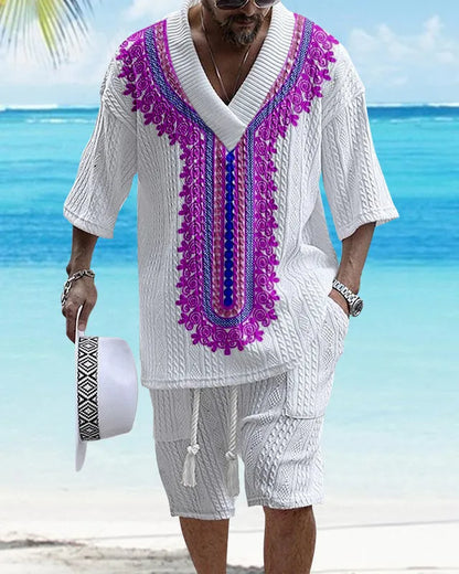 Printed drop-shoulder men's knitted shorts suit in polyester blend, short sleeves and shorts, colour options TH01-362 to TH01-366