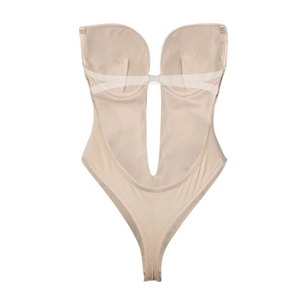 Black spandex body shaping dress with deep V back design and stomach compression