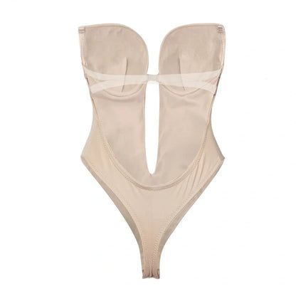 Black spandex body shaping dress with deep V back design and stomach compression