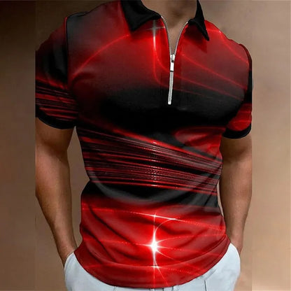 Men's blue loose fit short sleeve polo shirt with a zipper lapel front.