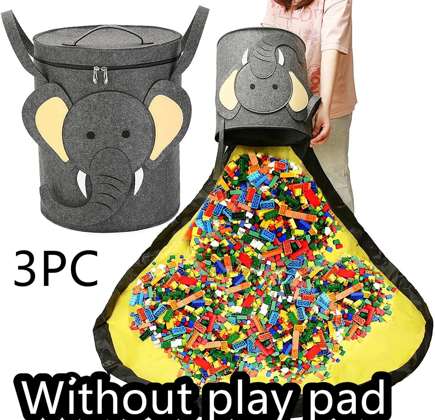 Green felt storage cube with pull rope unfolded into a large square play mat on a wooden floor.