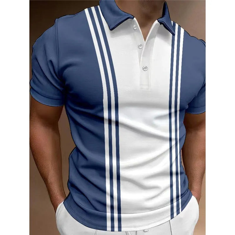 Men's T-shirt short sleeve loose fit casual pullover 3 button printing lapel design polyester fabric available in sizes S to 6XL in blue, dark blue, grey and khaki colours