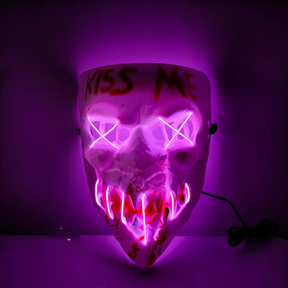 Multicolor luminous Halloween mask with adjustable glow, plastic construction in blue, green, and red options for festivals