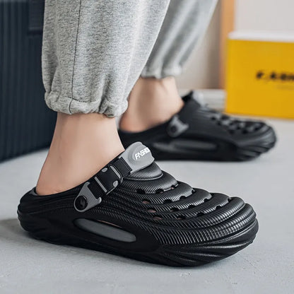 Men's solid colour casual platform slippers in EVA with a hollow-out design.