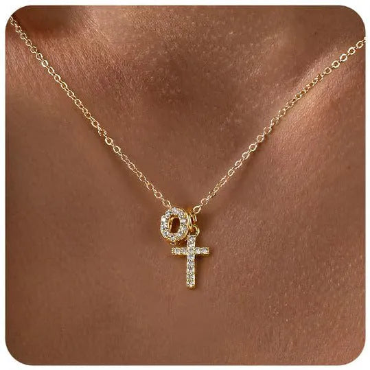 A-Z zircon inlaid letter necklace on a copper regular chain with electroplated finish