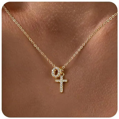 A-Z zircon inlaid letter necklace on a copper regular chain with electroplated finish