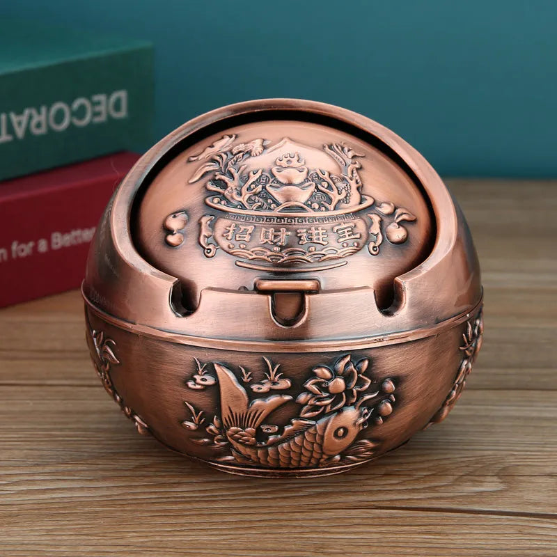 Alloy ashtray with smoke extinguishing slot in bronze finish, featuring Dragon and Phoenix motif, S size