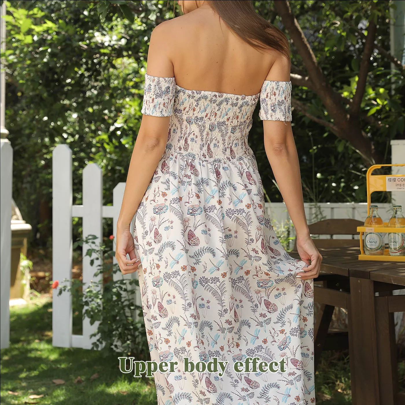 Women's off shoulder strapless floral dress in a lightweight fabric, available in multiple sizes.