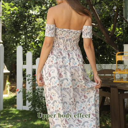 Women's off shoulder strapless floral dress in a lightweight fabric, available in multiple sizes.