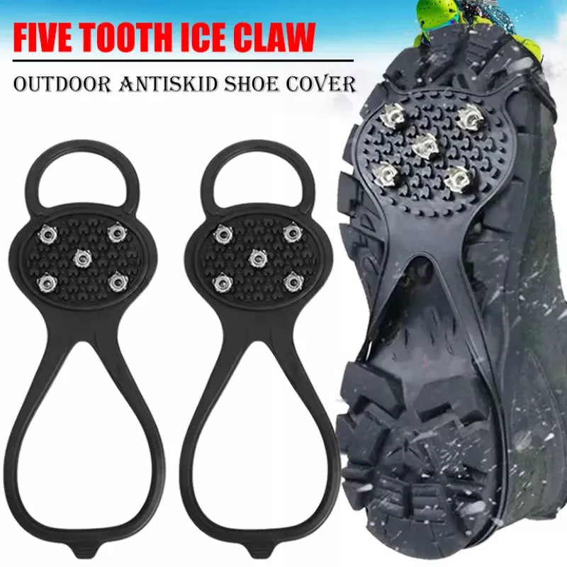 Unisex 5-toothed ice grippers for shoes, featuring durable rubber and steel teeth for superior traction on ice and snow.