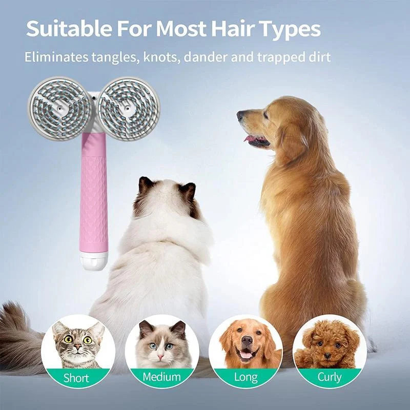 Double-headed negative ion pet brush with self-cleaning feature in pink, blue, and grey