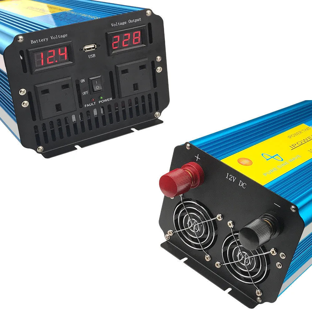 Blue 3000W pure sine wave power inverter with digital display and UK three-pin socket