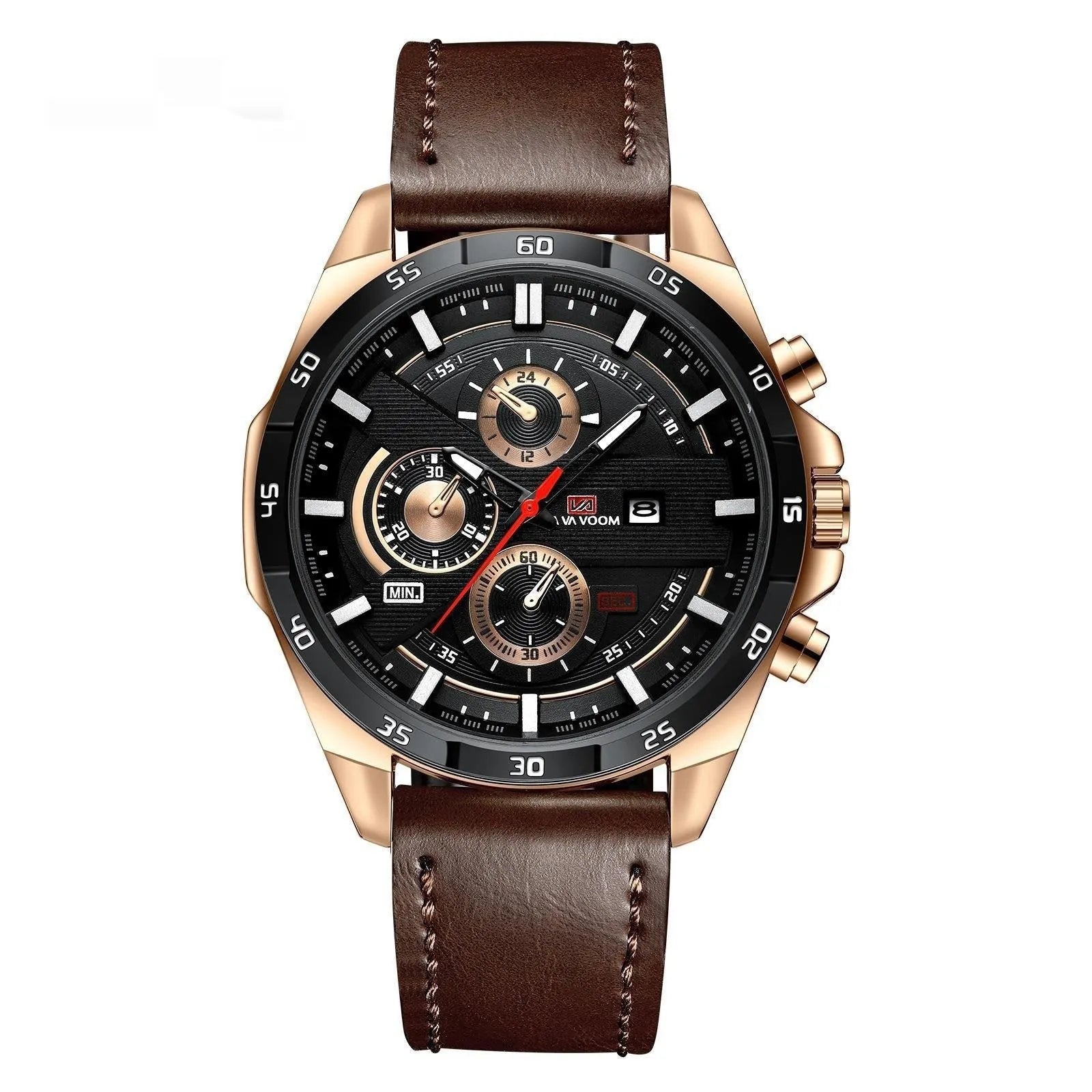 Men's business calendar waterproof quartz watch showing nine colour variants with 10mm thickness