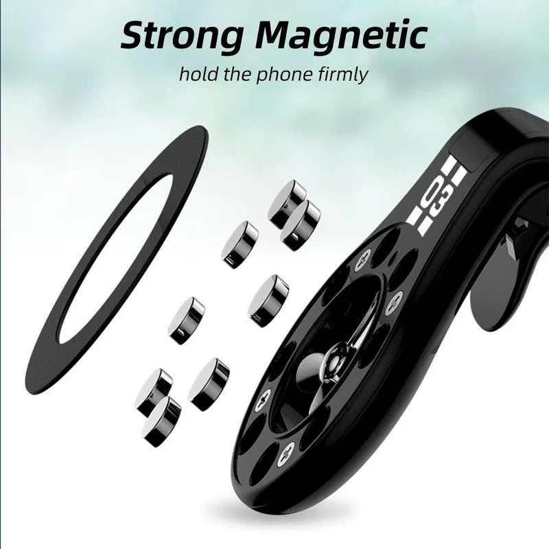 Black magnetic car phone holder attached to air vent with smartphone mounted and fragrance slices visible