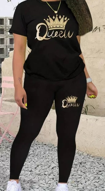 Crown and letter print polyester top and leggings set in royal blue, hot pink, and black