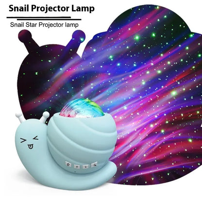 Snail-shaped blue starry sky projection lamp with USB cable and remote control on a table