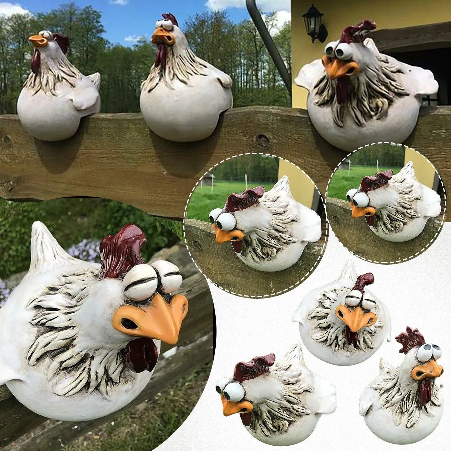 Resin chicken garden statue with vibrant colors and a playful design, perfect for adding charm to outdoor spaces