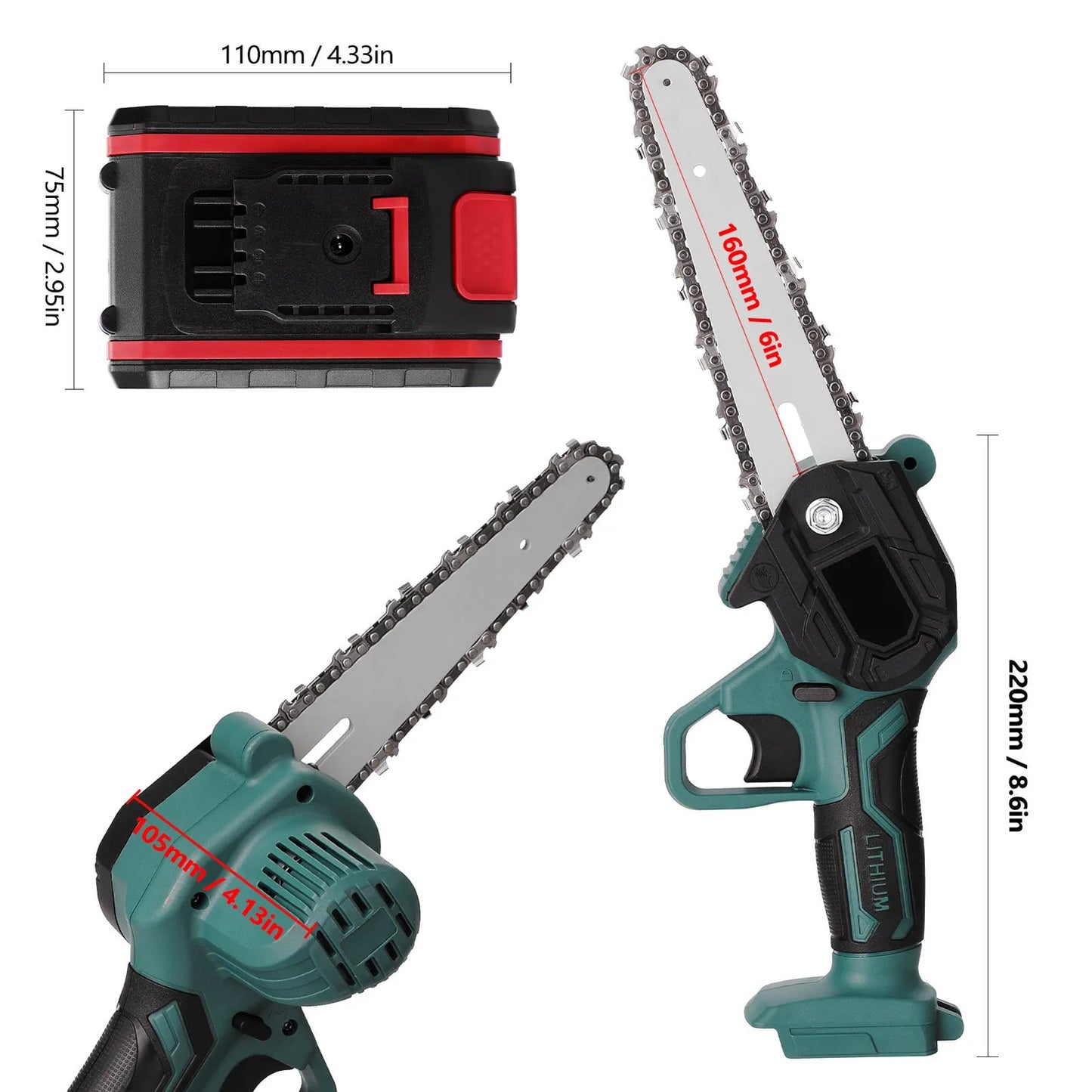 Black one-hand electric chainsaw with 4-inch cutting bar and lithium battery for garden log cutting