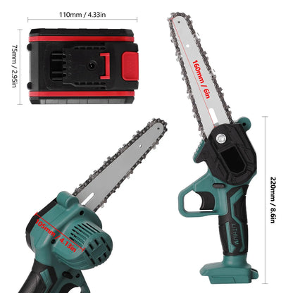 Black one-hand electric chainsaw with 4-inch cutting bar and lithium battery for garden log cutting