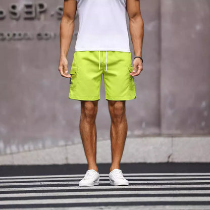 Men's loose straight leg workwear shorts in army green and fluorescent green colour options