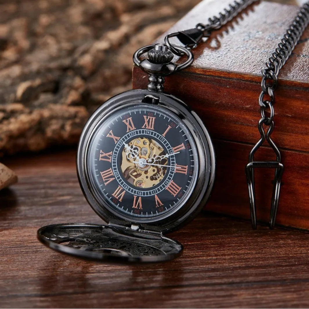 Retro automatic pocket watch with floral print dial and transparent case back showing mechanical movement.